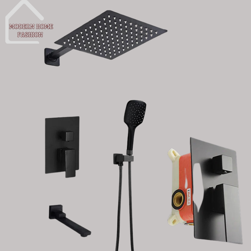 Embedded Box Black Rainfall Shower. Crafted with sleek design and cutting-edge technology, this shower system brings unparalleled elegance and functionality to your bathroom. Featuring a large, square showerhead that simulates the soothing sensation of rainfall, the black finish adds a touch of modern sophistication, the embedded box design ensures seamless integration into your shower space. With easy installation and durable construction.-MODERN HOME FASHION