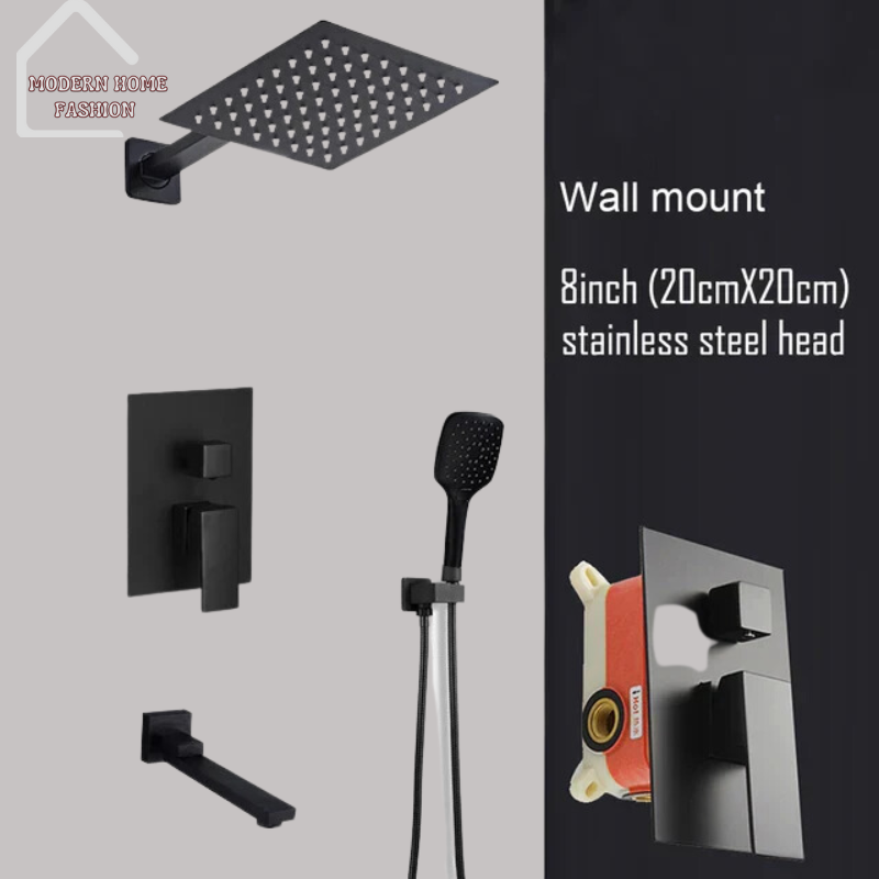 Embedded Box Black Rainfall Shower. Crafted with sleek design and cutting-edge technology, this shower system brings unparalleled elegance and functionality to your bathroom. Featuring a large, square showerhead that simulates the soothing sensation of rainfall, the black finish adds a touch of modern sophistication, the embedded box design ensures seamless integration into your shower space. With easy installation and durable construction.-MODERN HOME FASHION