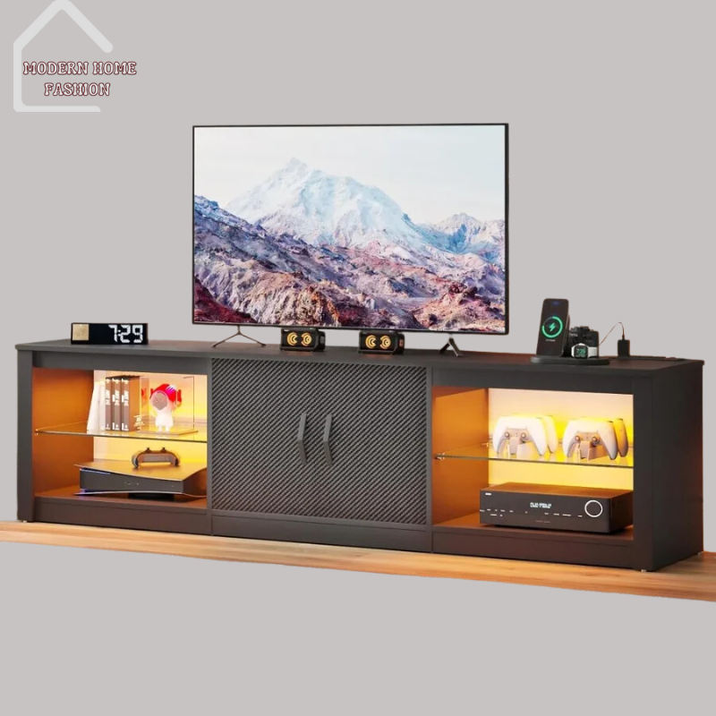 Cutting-edge Gaming Entertainment Center with Power Outlets. Combines sleek design with innovative features. Equipped with built-in power outlets & USB ports, convenient charging options for gaming peripherals. Features spacious shelves & compartments to accommodate gaming consoles, media players, & accessories, sleek & modern design, sturdy construction ensures durability & stability.-MODERN HOME FASHION