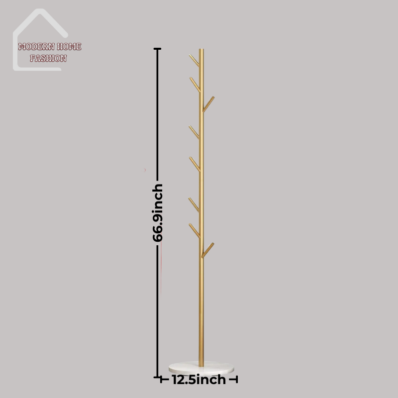 Elegant Gold Coat Metal Rack, crafted from durable metal with a luxurious gold finish, sturdy construction, reliable storage solution for coats, hats, scarves, & bags, keeps entryway or hallway tidy & organized. Features sleek & minimalist design, equipped with multiple hooks, offers ample space for hanging coats & accessories, ensuring easy access & convenience. Stable base provides added support, suitable for heavy winter coats & bags.-MODERN HOME FASHION