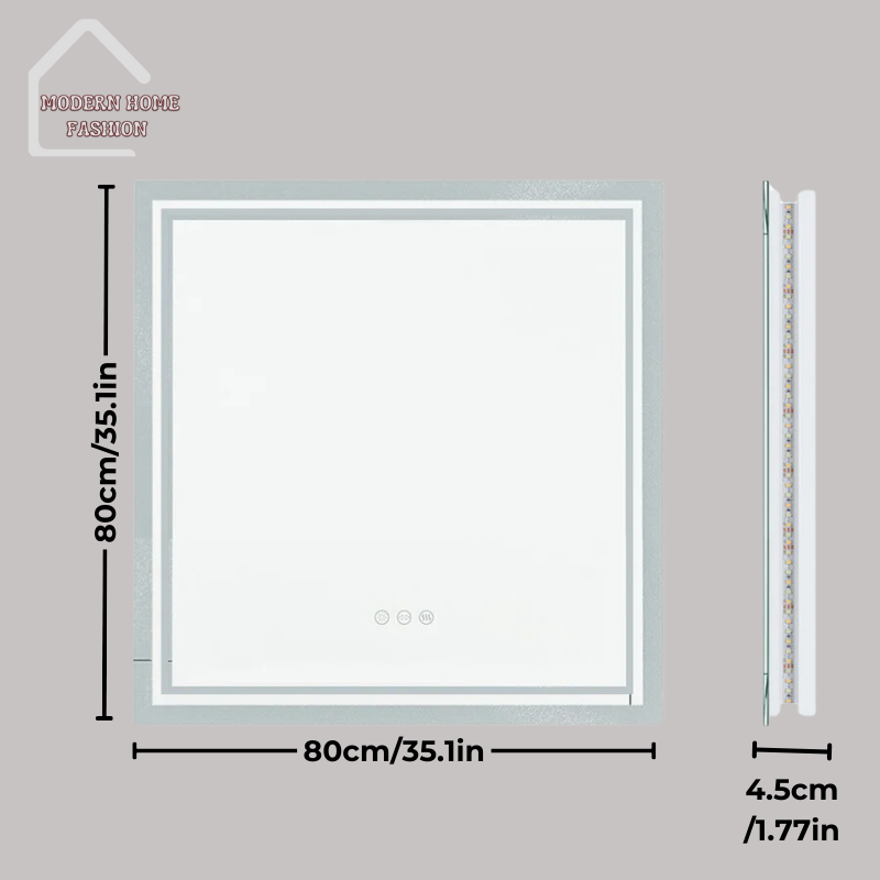 LED 32x32' Lighted Bathroom Mirror, the perfect fusion of elegance & functionality. Crafted with precision, style, sleek & modern design, frameless construction & built-in defogger. Measuring 32x32 inches & equipped with energy-efficient LED technology, provides long-lasting illumination while reducing energy consumption, sensitive controls for easy adjustment of specific lighting preferences.-MODERN HOME FASHION