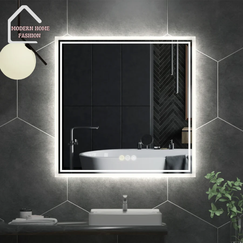 LED 32x32' Lighted Bathroom Mirror, the perfect fusion of elegance & functionality. Crafted with precision, style, sleek & modern design, frameless construction & built-in defogger. Measuring 32x32 inches & equipped with energy-efficient LED technology, provides long-lasting illumination while reducing energy consumption, sensitive controls for easy adjustment of specific lighting preferences.-MODERN HOME FASHION