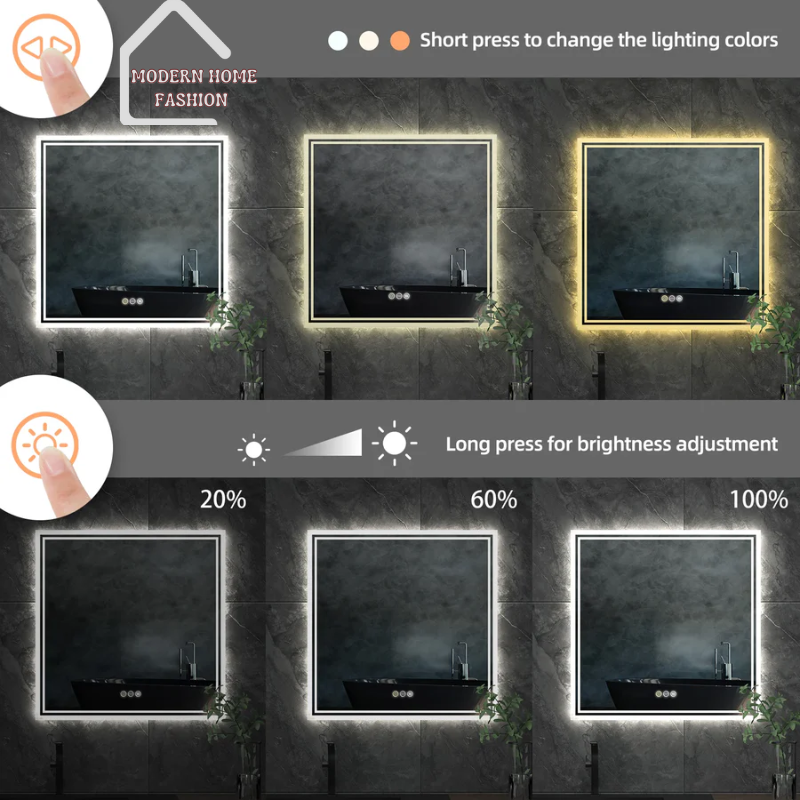 LED 32x32' Lighted Bathroom Mirror, the perfect fusion of elegance & functionality. Crafted with precision, style, sleek & modern design, frameless construction & built-in defogger. Measuring 32x32 inches & equipped with energy-efficient LED technology, provides long-lasting illumination while reducing energy consumption, sensitive controls for easy adjustment of specific lighting preferences.-MODERN HOME FASHION