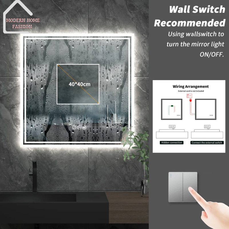 LED 32x32' Lighted Bathroom Mirror, the perfect fusion of elegance & functionality. Crafted with precision, style, sleek & modern design, frameless construction & built-in defogger. Measuring 32x32 inches & equipped with energy-efficient LED technology, provides long-lasting illumination while reducing energy consumption, sensitive controls for easy adjustment of specific lighting preferences.-MODERN HOME FASHION