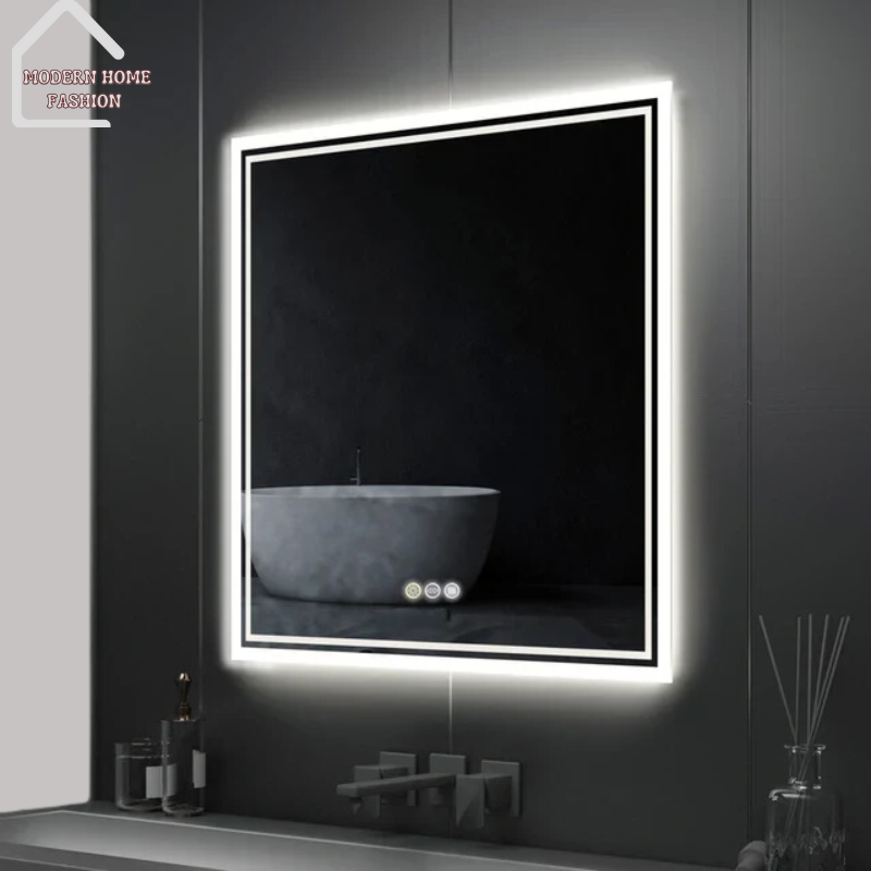 LED 32x32' Lighted Bathroom Mirror, the perfect fusion of elegance & functionality. Crafted with precision, style, sleek & modern design, frameless construction & built-in defogger. Measuring 32x32 inches & equipped with energy-efficient LED technology, provides long-lasting illumination while reducing energy consumption, sensitive controls for easy adjustment of specific lighting preferences.-MODERN HOME FASHION
