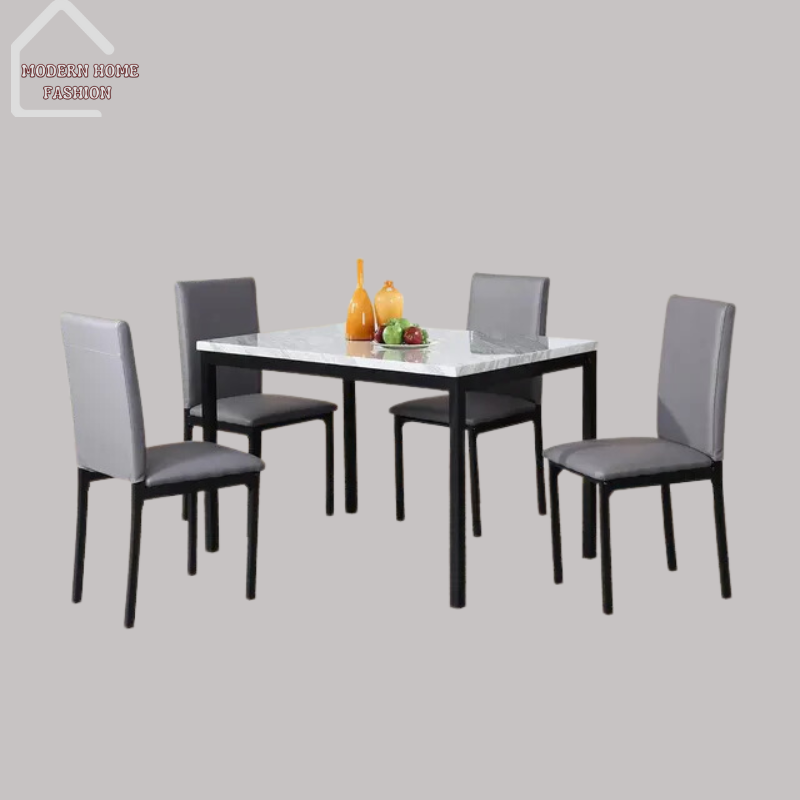 Marble Top 5 Piece Dining Set. Combining luxurious aesthetics with practical functionality, this set is sure to elevate your dining experience.Spacious, easy cleanup & maintenance. Cushioned seats. Crafted with a stunning marble tabletop that includes a sturdy dining table & four matching chairs upholstered in high-quality fabric or leatherette. Sleek, contemporary design.-MODERN HOME FASHION