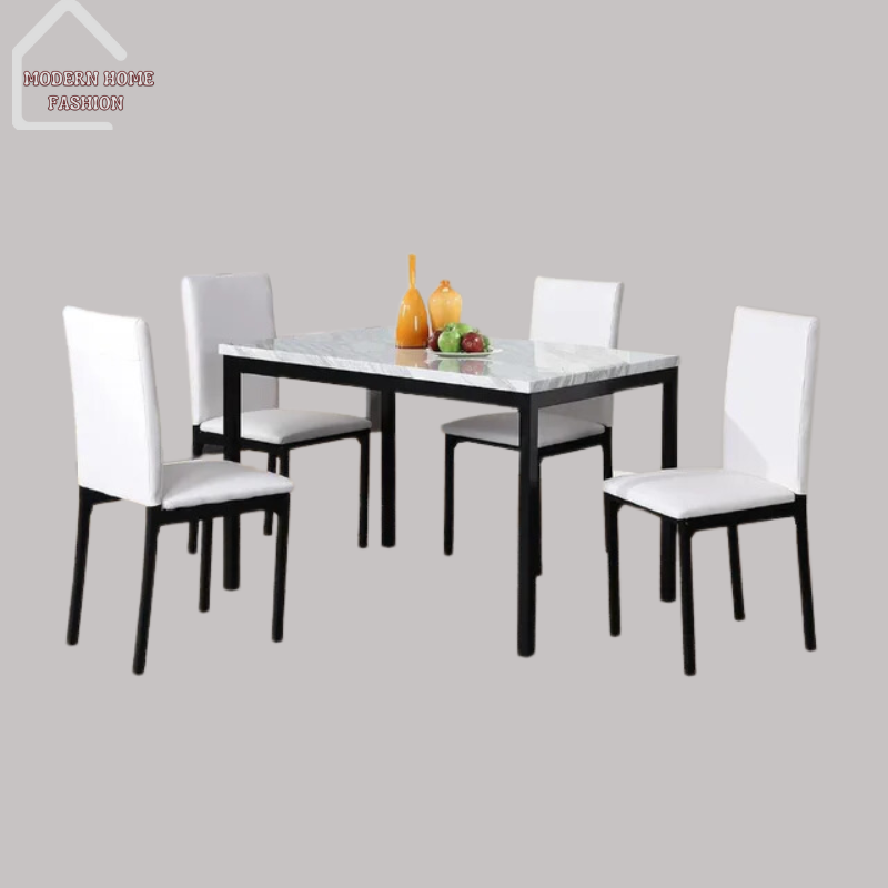 Marble Top 5 Piece Dining Set. Combining luxurious aesthetics with practical functionality, this set is sure to elevate your dining experience.Spacious, easy cleanup & maintenance. Cushioned seats. Crafted with a stunning marble tabletop that includes a sturdy dining table & four matching chairs upholstered in high-quality fabric or leatherette. Sleek, contemporary design.-MODERN HOME FASHION