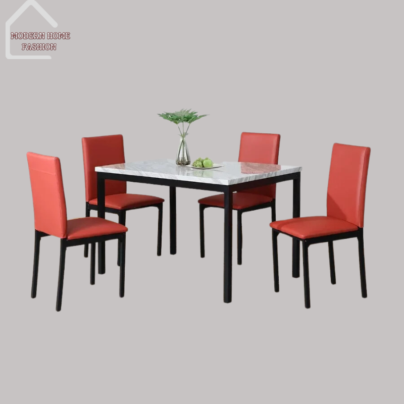 Marble Top 5 Piece Dining Set. Combining luxurious aesthetics with practical functionality, this set is sure to elevate your dining experience.Spacious, easy cleanup & maintenance. Cushioned seats. Crafted with a stunning marble tabletop that includes a sturdy dining table & four matching chairs upholstered in high-quality fabric or leatherette. Sleek, contemporary design.-MODERN HOME FASHION