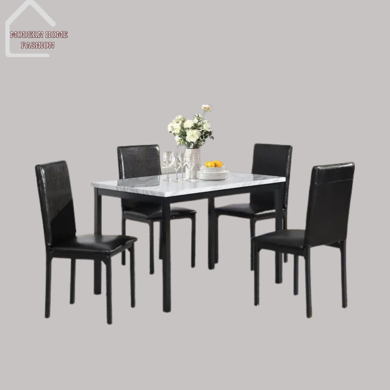 Marble Top 5 Piece Dining Set. Combining luxurious aesthetics with practical functionality, this set is sure to elevate your dining experience.Spacious, easy cleanup & maintenance. Cushioned seats. Crafted with a stunning marble tabletop that includes a sturdy dining table & four matching chairs upholstered in high-quality fabric or leatherette. Sleek, contemporary design.-MODERN HOME FASHION