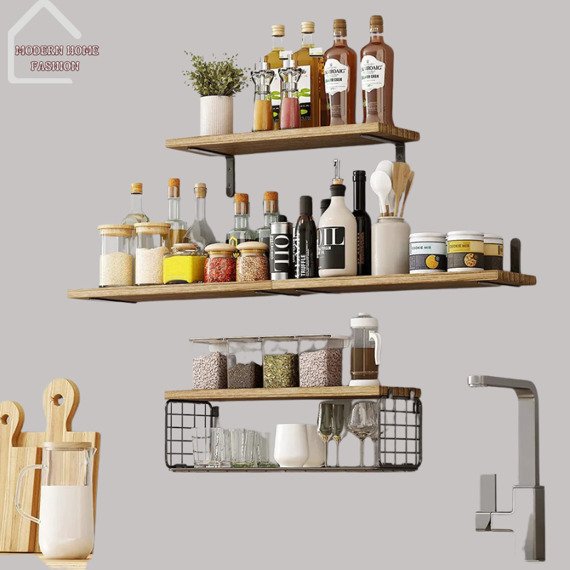 Natural Wood Floating Shelves. Crafted from high-quality natural wood, each shelf showcases unique grain patterns & textures. The design gives the illusion of a clean, clutter-free space while maximizing storage & display options. Easy to install with the included hardware, providing sturdy support for your belongings. Available in various sizes to suit your needs.-MODERN HOME FASHION