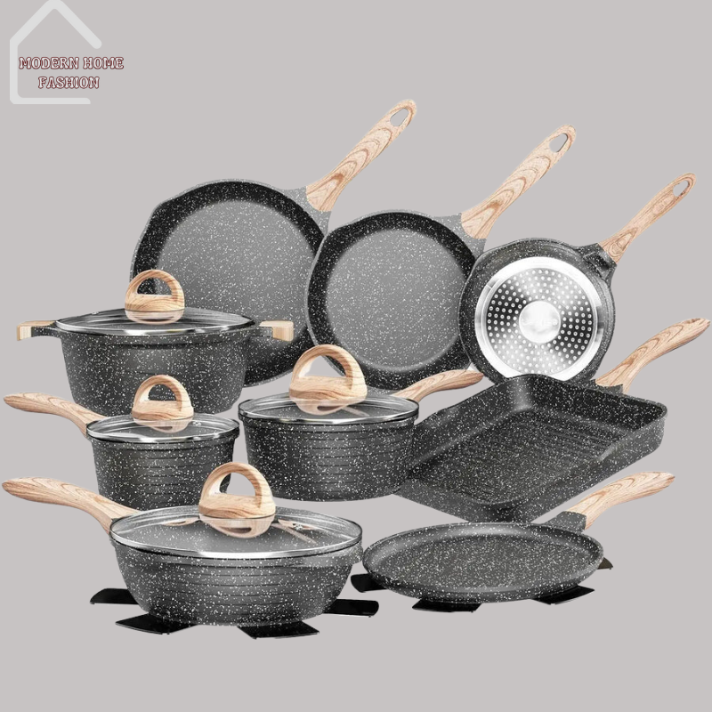 Nonstick 23-Piece Cookware Set. Designed for both amateur cooks & seasoned chefs. Crafted from high-quality materials, with durable nonstick coating, ensures easy food release & effortless cleanup. Ergonomic handles, cool to the touch, comfortable & secure grip while cooking. Tempered glass lids. Sleek design & versatile functionality.-MODERN HOME FASHION