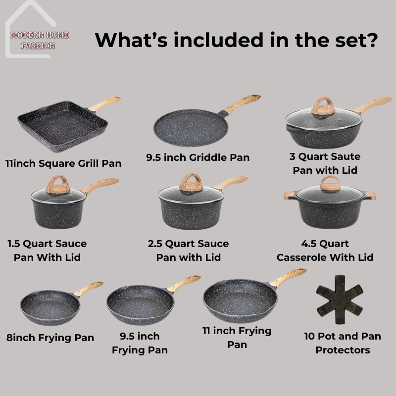 Nonstick 23-Piece Cookware Set. Designed for both amateur cooks & seasoned chefs. Crafted from high-quality materials, with durable nonstick coating, ensures easy food release & effortless cleanup. Ergonomic handles, cool to the touch, comfortable & secure grip while cooking. Tempered glass lids. Sleek design & versatile functionality.-MODERN HOME FASHION