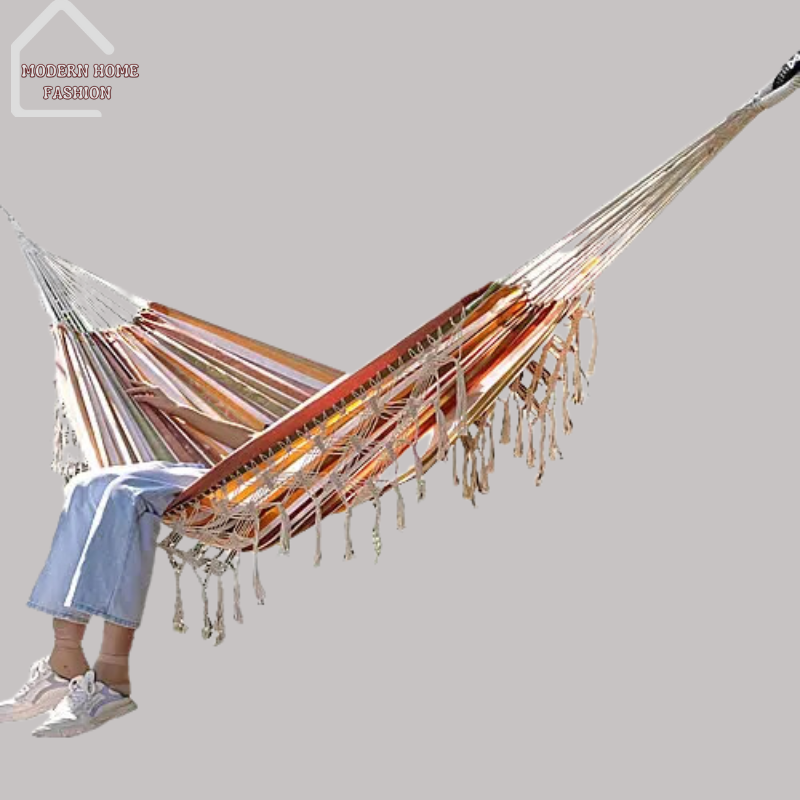 Outdoor Hammock Tassel. Crafted with care, features intricately woven tassels along the edgeS, stylish & playful look. Constructed from durable materials, to withstand the elements, perfect for lounging in your backyard, patio, or deck. Easy to set up & take down, portable & versatile.-MODERN HOME FASHION