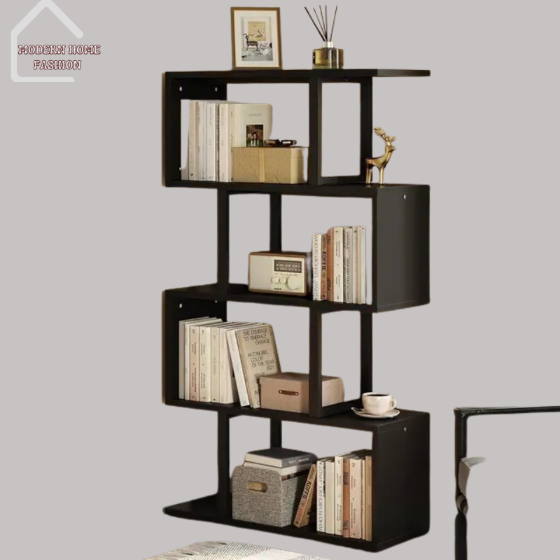 Sleek and versatile S-Shaped 5-Tier Bookshelf, crafted with clean lines & a unique S-shaped silhouette, innovative design, provides ample storage space. Made from high-quality materials, sturdy engineered wood & metal framesDurable construction, sleek finish. With five spacious tiers, it offers plenty of room to display & keep space organized & clutter-free.-MODERN HOME FASHION