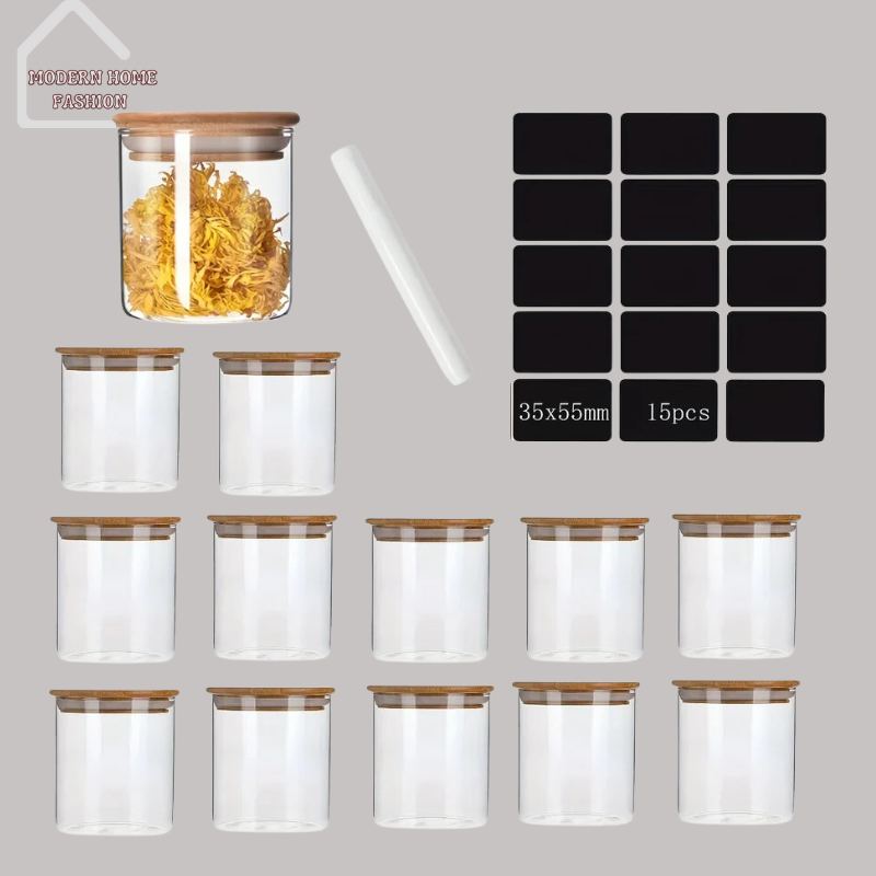 Sealed Storage 12-Pack Glass Jars. Crafted from high-quality glass, durable & stylish solution for storing a variety of ingredients, spices, snacks, and more. Features a secure lid with a silicone seal, airtight and leak-proof storage for longer periods. Clear glass design.12-pack set provides ample storage options, sleek & minimalist design, compact size makes them perfect for storing in cabinets or on shelves.-MODERN HOME FASHION