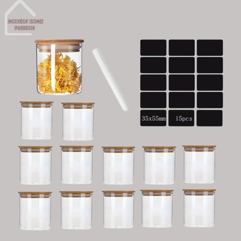 Sealed Storage 12-Pack Glass Jars. Crafted from high-quality glass, durable & stylish solution for storing a variety of ingredients, spices, snacks, and more. Features a secure lid with a silicone seal, airtight and leak-proof storage for longer periods. Clear glass design.12-pack set provides ample storage options, sleek & minimalist design, compact size makes them perfect for storing in cabinets or on shelves.-MODERN HOME FASHION