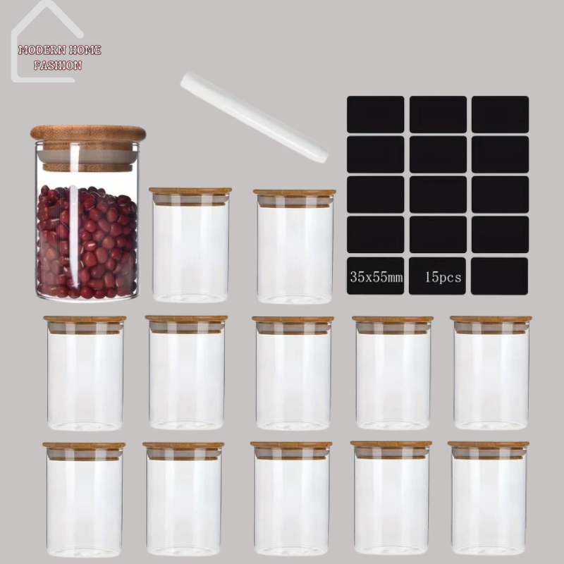 Sealed Storage 12-Pack Glass Jars. Crafted from high-quality glass, durable & stylish solution for storing a variety of ingredients, spices, snacks, and more. Features a secure lid with a silicone seal, airtight and leak-proof storage for longer periods. Clear glass design.12-pack set provides ample storage options, sleek & minimalist design, compact size makes them perfect for storing in cabinets or on shelves.-MODERN HOME FASHION