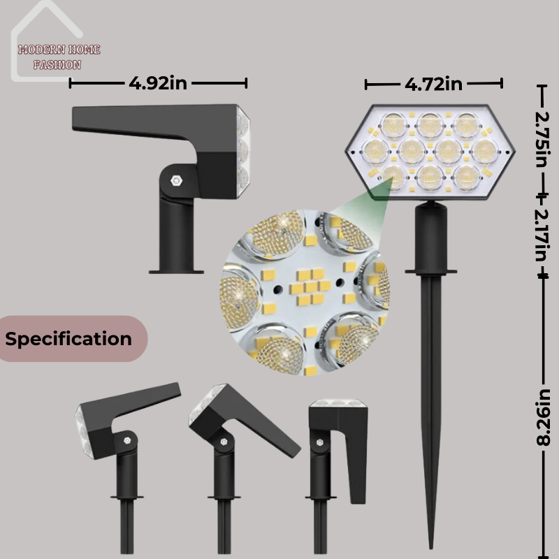 Each spot light features a high-efficiency solar panel that charges during the day, storing energy in a rechargeable battery for use at night. The adjustable heads allow you to direct the light where it's needed most, whether highlighting a specific plant, sculpture, or focal point in your outdoor space.-MODERN HOME FASHION