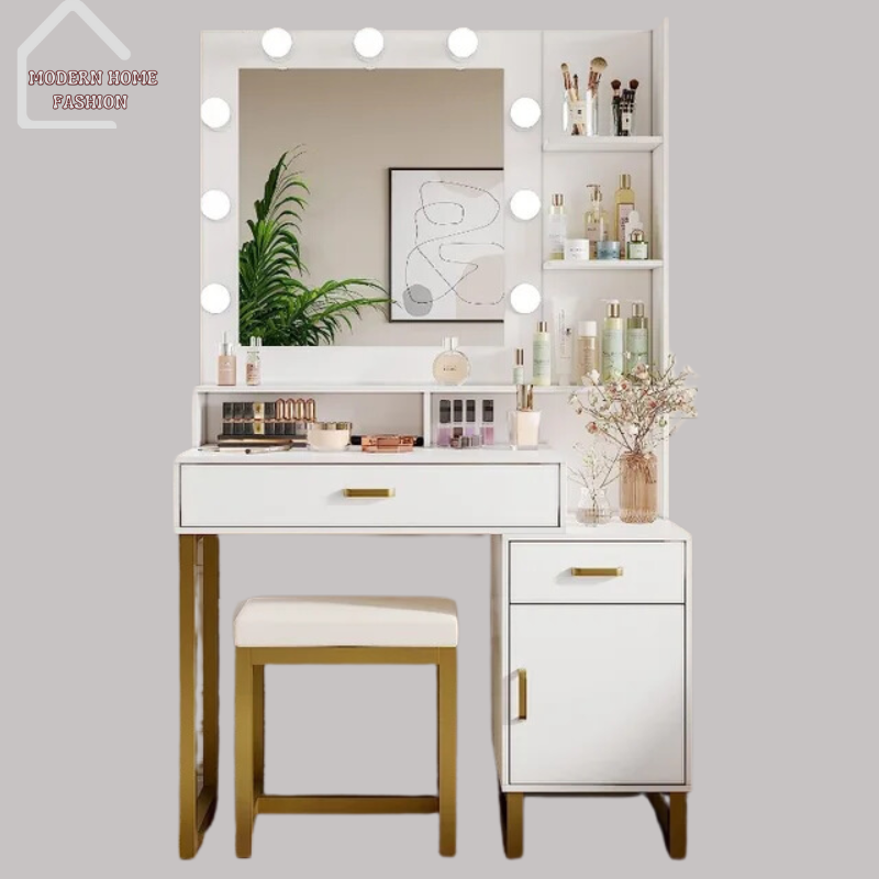 Vanity Desk with Mirror & lamp; Lights, designed to bring glamour & functionality to your beauty space. All-in-one vanity station combines sleek design with practical features. The spacious tabletop provides ample room for all your makeup essentials, with built-in mirror surrounded by soft, adjustable LED lights. Crafted from durable materials and featuring elegant design details, such as chic finishes and stylish hardware.-MODERN HOME FASHION