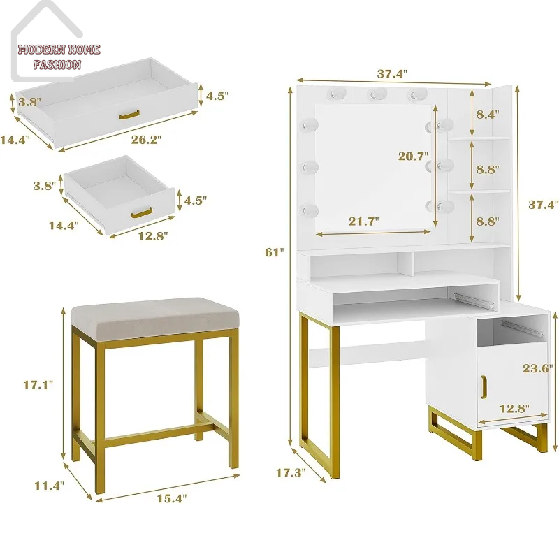 Vanity Desk with Mirror & lamp; Lights, designed to bring glamour & functionality to your beauty space. All-in-one vanity station combines sleek design with practical features. The spacious tabletop provides ample room for all your makeup essentials, with built-in mirror surrounded by soft, adjustable LED lights. Crafted from durable materials and featuring elegant design details, such as chic finishes and stylish hardware.-MODERN HOME FASHION