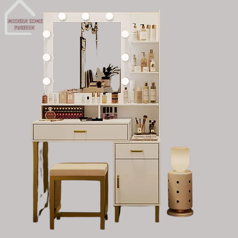 Vanity Desk with Mirror & lamp; Lights, designed to bring glamour & functionality to your beauty space. All-in-one vanity station combines sleek design with practical features. The spacious tabletop provides ample room for all your makeup essentials, with built-in mirror surrounded by soft, adjustable LED lights. Crafted from durable materials and featuring elegant design details, such as chic finishes and stylish hardware.-MODERN HOME FASHION