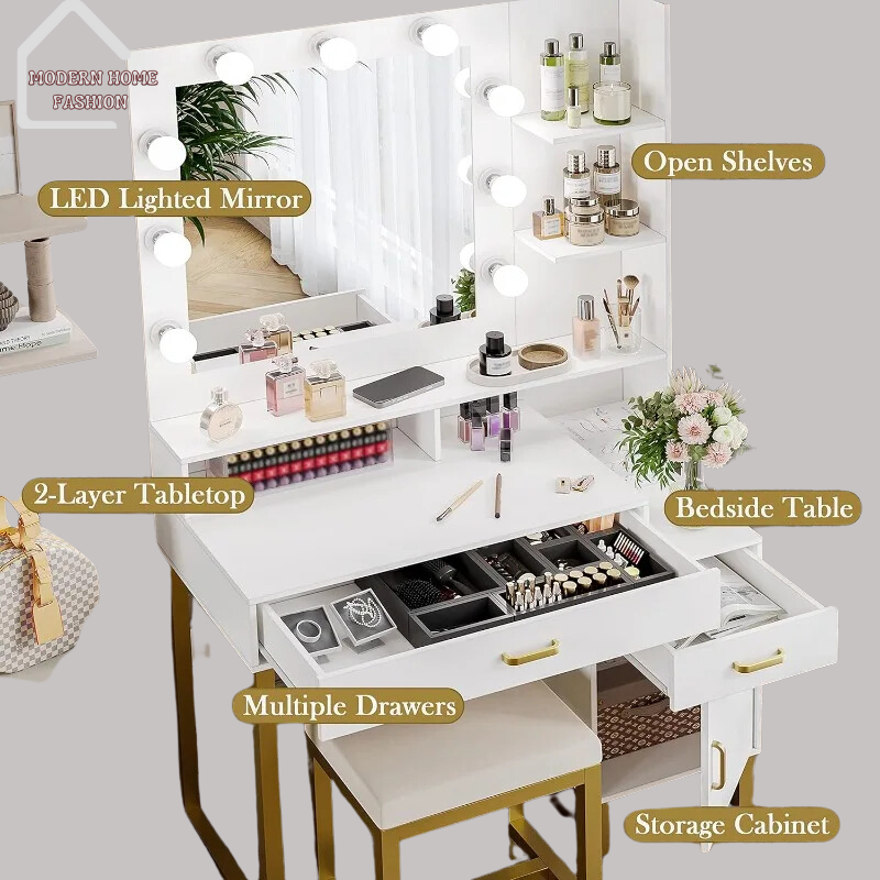 Vanity Desk with Mirror & lamp; Lights, designed to bring glamour & functionality to your beauty space. All-in-one vanity station combines sleek design with practical features. The spacious tabletop provides ample room for all your makeup essentials, with built-in mirror surrounded by soft, adjustable LED lights. Crafted from durable materials and featuring elegant design details, such as chic finishes and stylish hardware.-MODERN HOME FASHION