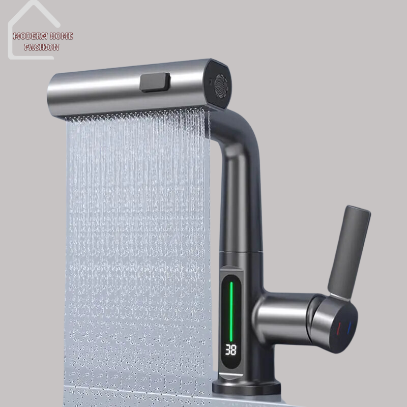 Waterfall Digital Display Faucet, Crafted with cutting-edge technology & sleek design. Featuring a visually captivating display. With built-in digital display, enhances the faucet's aesthetic appeal, provides real-time information on water temperature. Constructed from high-quality materials, this faucet is built to last and withstand the rigors of daily use. Easy-to-install design.-MODERN HOME FASHION