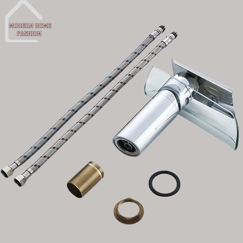 Bathroom Basin Glass Faucet, crafted with precision engineering & premium materials, glass basin design, translucent glass construction. Equipped with single lever handle, effortless temperature & flow control, smooth & precise adjustments with just a touch. Sleek chrome finish. Waterfall spout design, delivers a gentle cascade, creating a spa-like atmosphere, enhances overall ambiance of bathroom. Easy-to-install design & standard size, compatible with most basin sinks.-MODERN HOME FASHION
