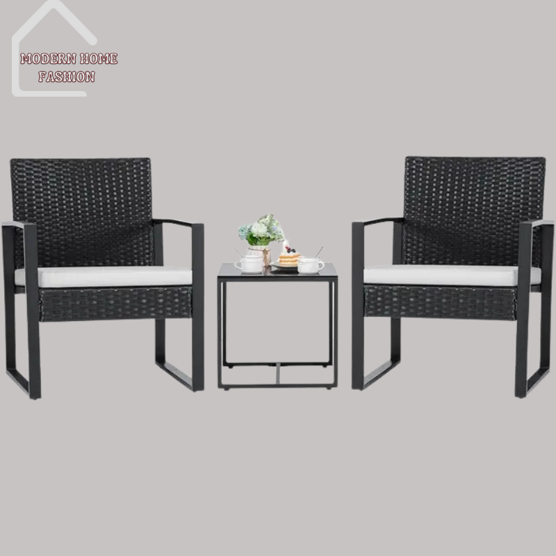 Coffee Table Braided Garden Set. Crafted with weather-resistant materials, set includes a coffee table and two chairs, all featuring intricately woven braided detailing for a unique and inviting look. The spacious tabletop provides ample room for drinks, snacks, or decorative accents, while the comfortable chairs offer a cozy spot to unwind and enjoy the outdoors.-MODERN HOME FASHION