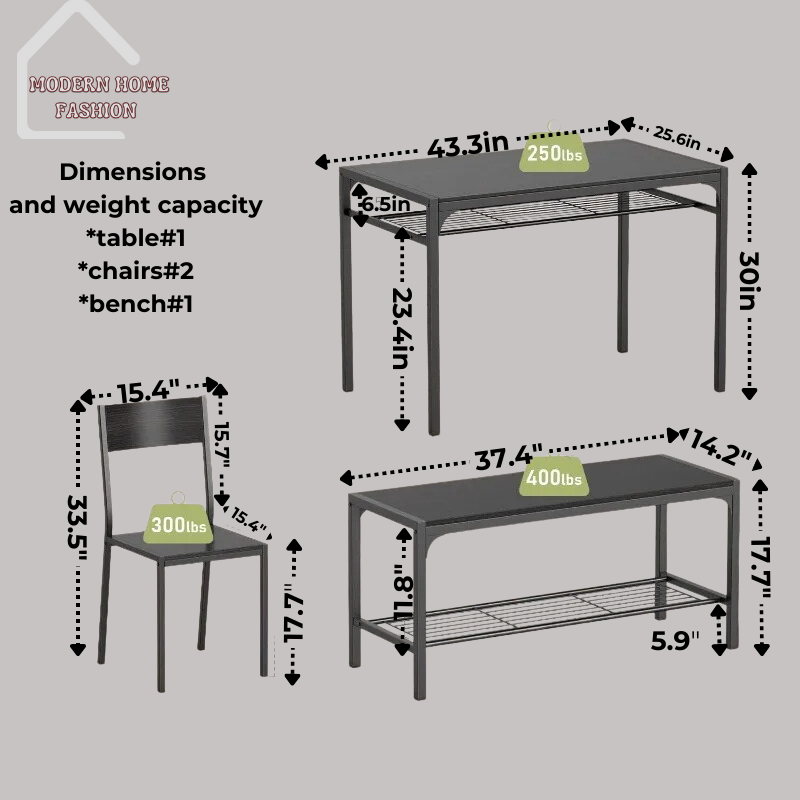 Crafted from sturdy materials and finished with a sleek design, spacious surface, with two matching chairs and a bench, offers flexible seating options to accommodate your guests comfortably. Chairs and bench feature padded seats upholstered in durable fabric or leatherette
modern yet timeless design.-MODERN HOME FASHION
