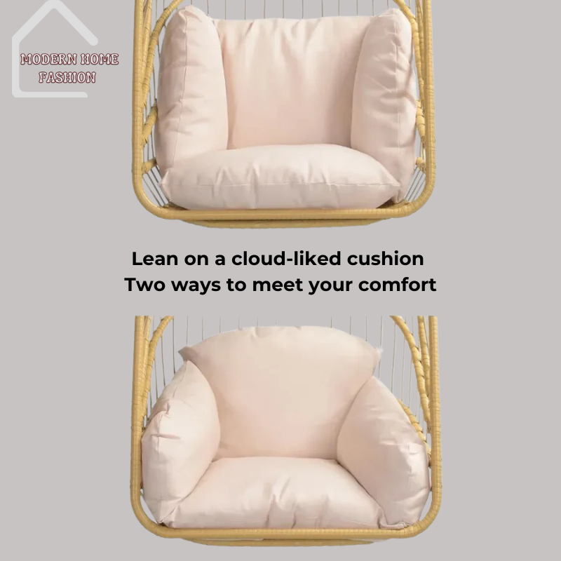 Egg Wicker Swing Chair, crafted from durable wicker material, features a unique egg-shaped design that adds a modern twist to any setting. Comes with plush cushions for added comfort, with sturdy steel frame ensures stability & support, while the hanging design adds a whimsical charm to your decor.-MODERN HOME FASHION
