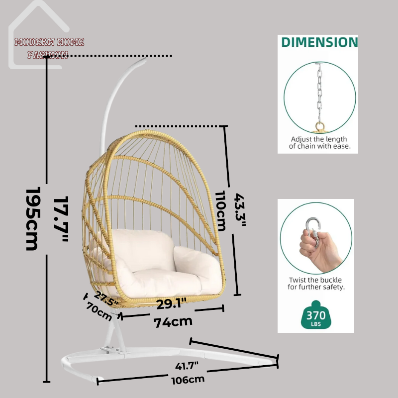 Egg Wicker Swing Chair, crafted from durable wicker material, features a unique egg-shaped design that adds a modern twist to any setting. Comes with plush cushions for added comfort, with sturdy steel frame ensures stability & support, while the hanging design adds a whimsical charm to your decor.-MODERN HOME FASHION